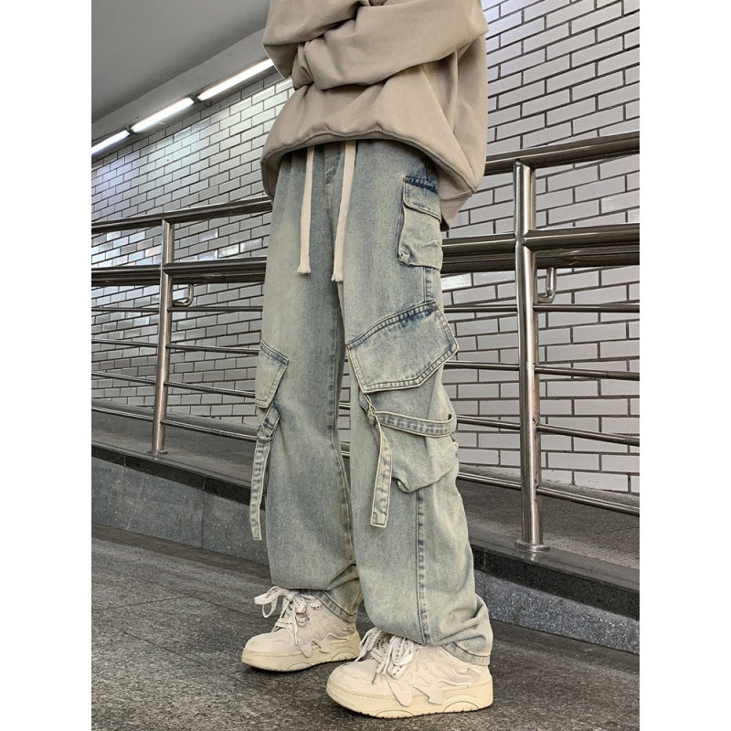 جينز كارجو متعدد الجيوب للرجال والنساء من الشارع الأمريكي، ربيع، خريف وصيف، بنطلونات كاجوال فضفاضة مستقيمة واسعة الساقين - Image 2